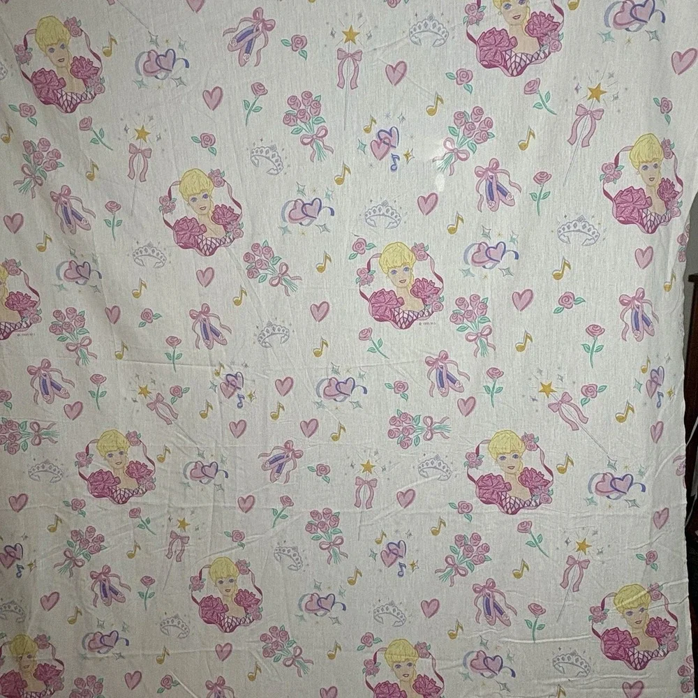 Barbie Twin Size Flat Sheet Skirt Curtain Panels Pillowcase VTG 1995